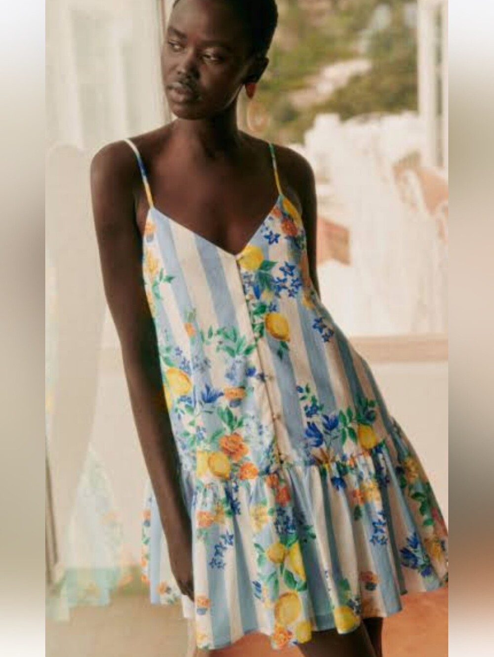 Sezane x Mormoni Striped Blue & White Lemon Print Dress